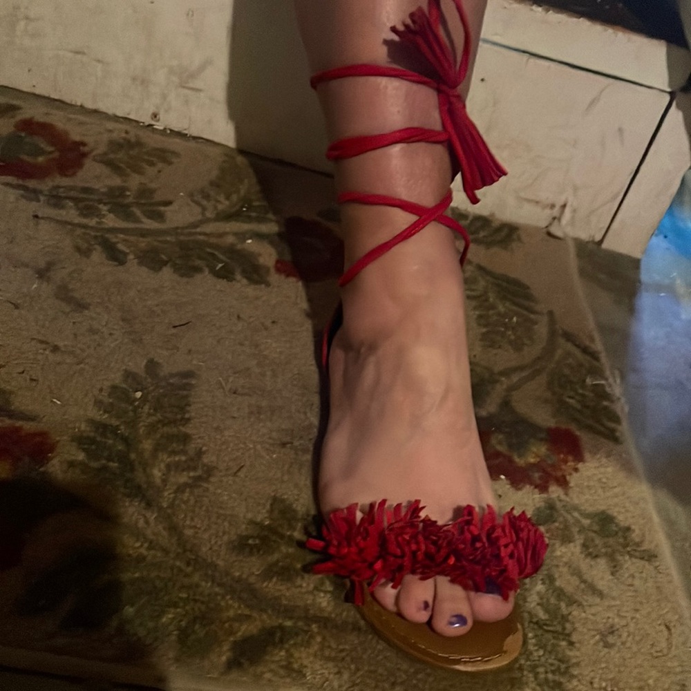 Pompom lace up sandals